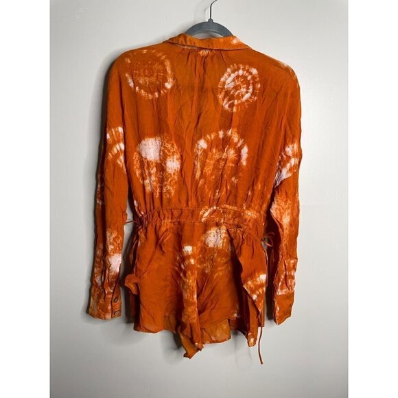 Free People Marla Printed Wrap Romper Dress Shorts Size XS NEW Orange Tie Dye - Picture 5 of 7